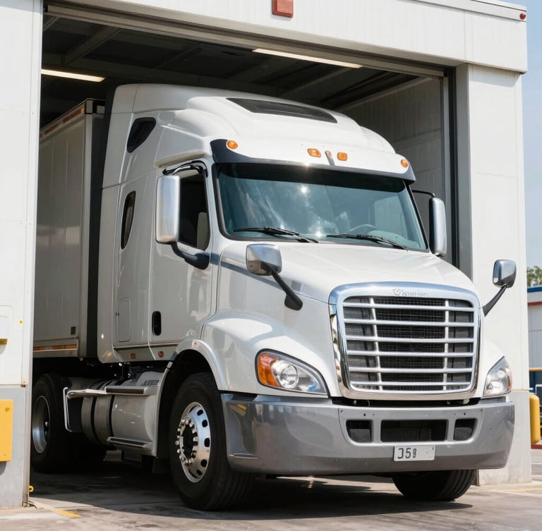 Low-angle shot of a massive commercial semi-truck entering a high-clearance wash bay, bright industrial lighting, metallic reflections, 35mm lens