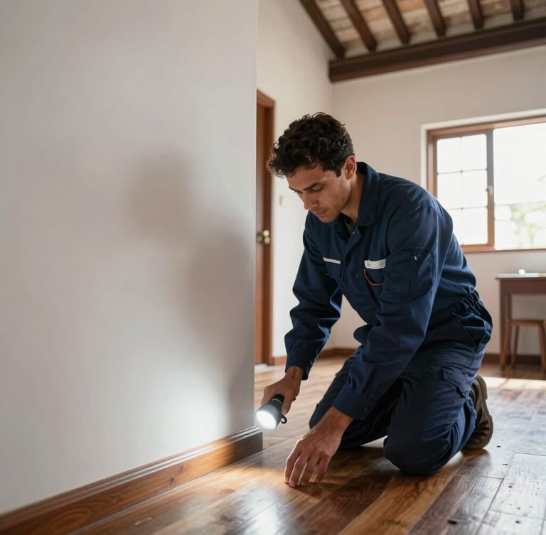 A clean, orderly residential apartment interior in Graça, Salvador, with traditional high ceilings, a professional technician in a clean navy uniform inspecting a wooden baseboard with a flashlight, bright natural daylight.