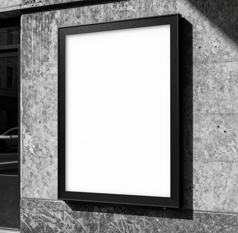 Harsh direct flash, high contrast black and white photo of a printed billboard mockup pasted on a gritty concrete urban wall in New York, extreme wide angle.