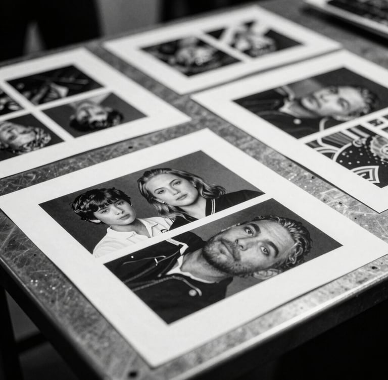 Gritty editorial black and white photograph of raw behind-the-scenes creative work, stark close-up of printed campaign mockups on a metal table, harsh direct flash.