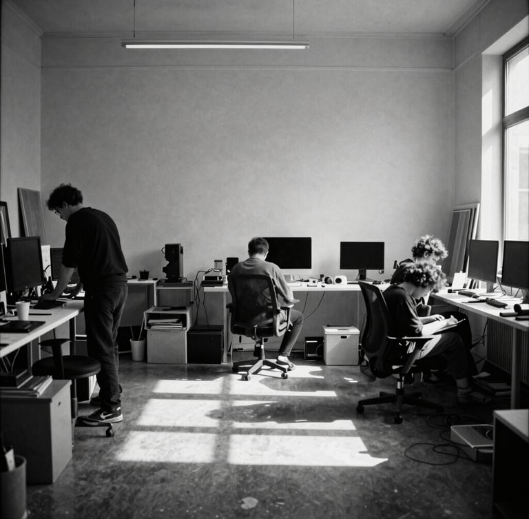 Wide off-center architectural crop of a stark creative studio, unposed team members working under harsh direct sunlight, deep dramatic shadows, black and white 35mm film grain.