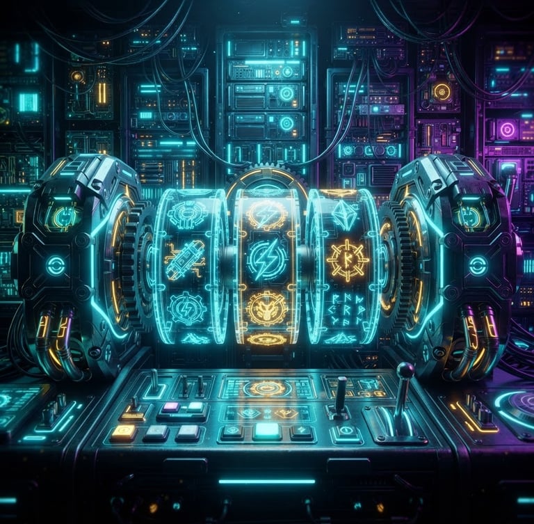 Vibrant 3D render of glowing cybernetic server locks and neon cyan slot reels, high-tech digital gaming interface, dark background, octane render