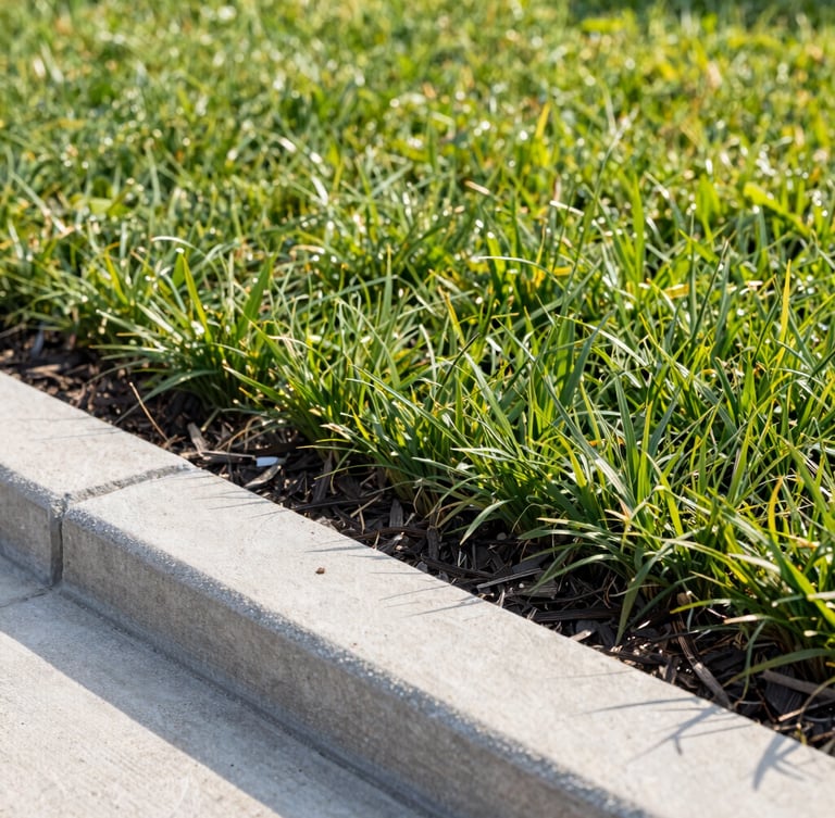 Close-up detail of a sharp concrete lawn edge with clean dark mulch and vibrant green turfgrass, crisp morning shadows, professional landscaping work, 35mm.
