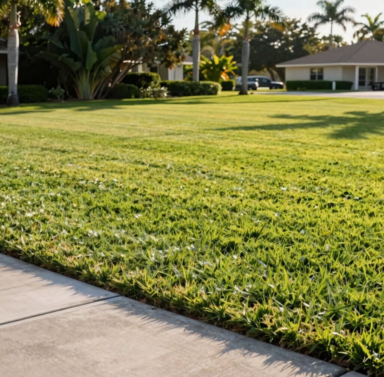 Wide shot of a pristine, perfectly striped green lawn in Palm Coast Florida under crisp morning sunlight, sharp concrete driveway edging, tropical palms in the background, 35mm photography.