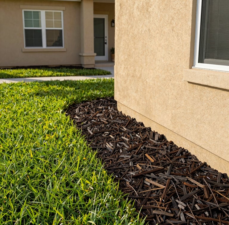 Crisp close-up photography of clean dark mulch lines next to a vibrant green lawn and a modern stucco Florida home, morning light, 35mm