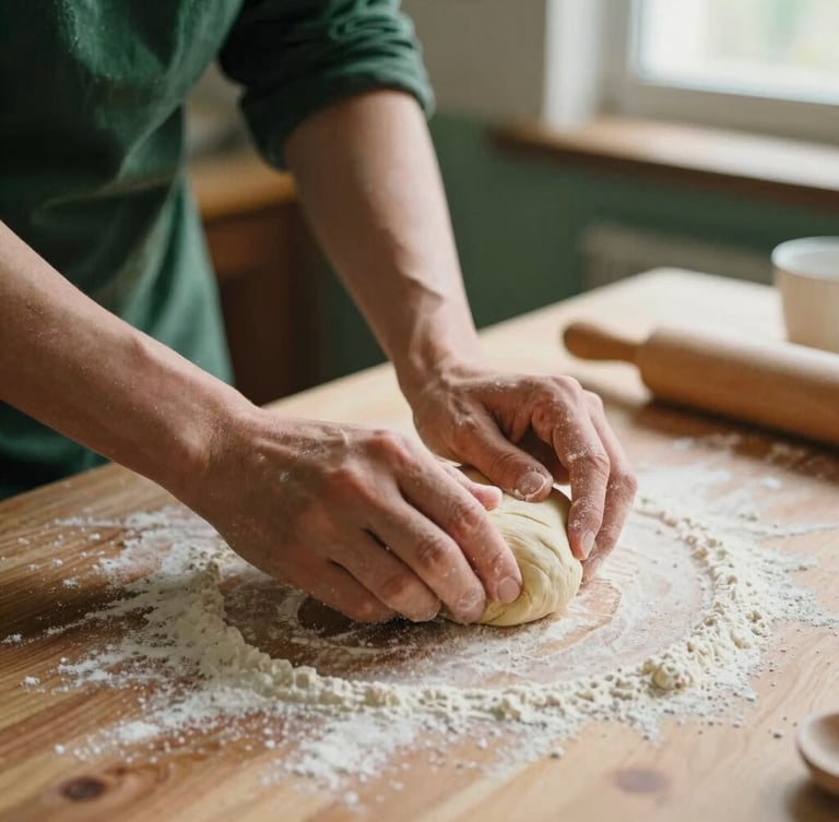 Close-up of hands shaping dough on a flour-dusted wooden table, soft side-lighting with natural shadows, warm terracotta tones, 35mm film.