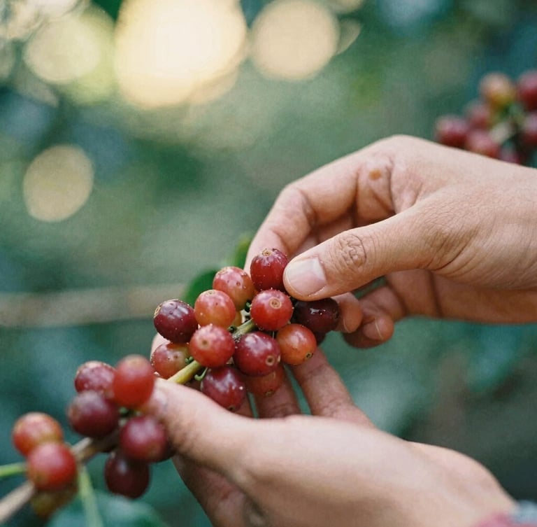 Close-up macro shot of hands gently selecting ripe red coffee cherries from a branch, soft morning light, shallow depth of field, 35mm film.
