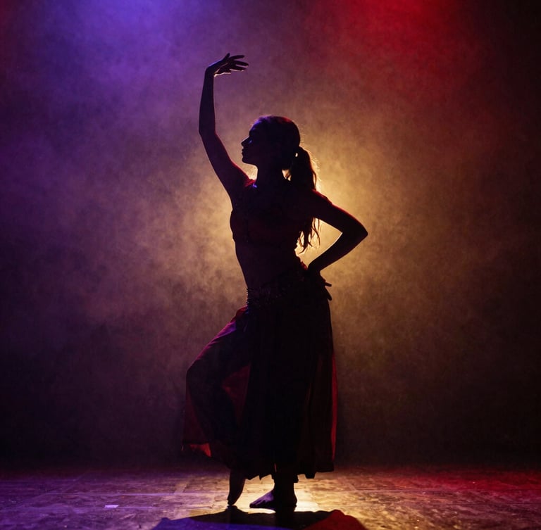 Low-angle high-contrast silhouette of a girl performing ecstatic Dhamal dance, backlit by dramatic deep red and gold light, rich purple haze, raw film grain.