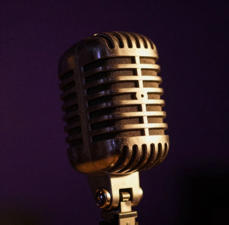 Extreme close-up of a vintage microphone in a dark studio, dramatic gold backlighting, heavy shadows, raw grain, cinematic atmosphere.