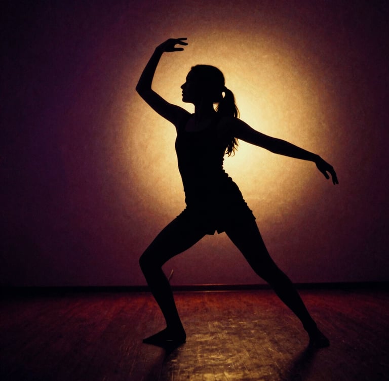 Dynamic low angle shot of a girl performing Dhamal as a high-contrast silhouette, ecstatic movement, backlit by deep red and gold light, moody high-contrast photography, raw grain, cinematic shadows, 35mm film.