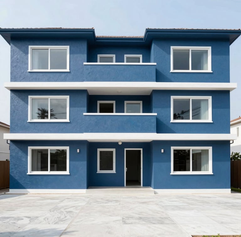 Wide shot of a freshly painted, immaculately clean commercial apartment unit interior, bright clean daylight, cool slate and deep blue tones, high-contrast, 35mm, no people, architectural, symmetrical