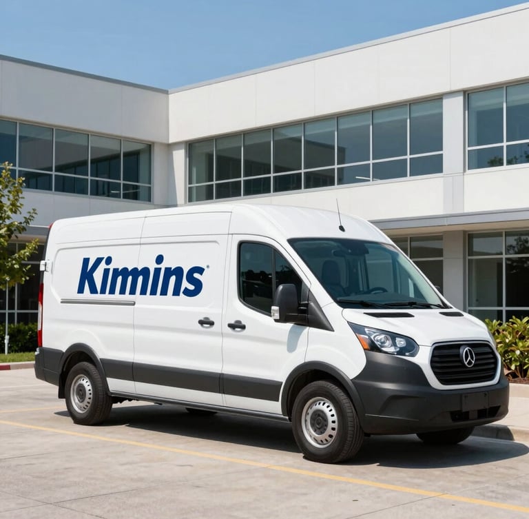 A branded Kimmins delivery van parked in front of a modern Western New York business park under bright, clear daylight, 35mm lens.