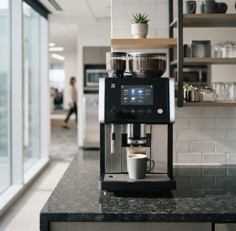 Crisp commercial bean-to-cup brewer on a clean granite countertop in a bright modern office breakroom, natural morning light, professional corporate color palette, 35mm lens