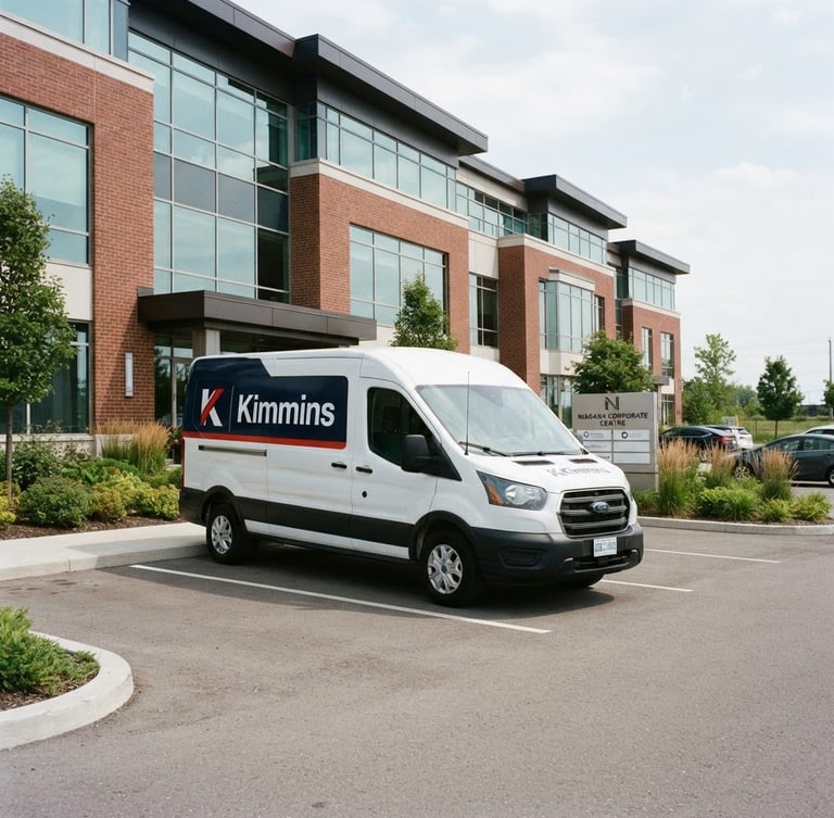 A clean commercial photograph of a branded Kimmins delivery van parked in front of a modern Niagara Falls business park, bright natural office light, 35mm lens