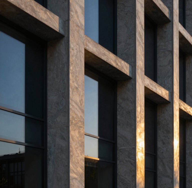 Refined architectural detail of a modern concrete and glass facade at twilight, golden light reflecting on polished marble columns, sharp focus, 35mm.