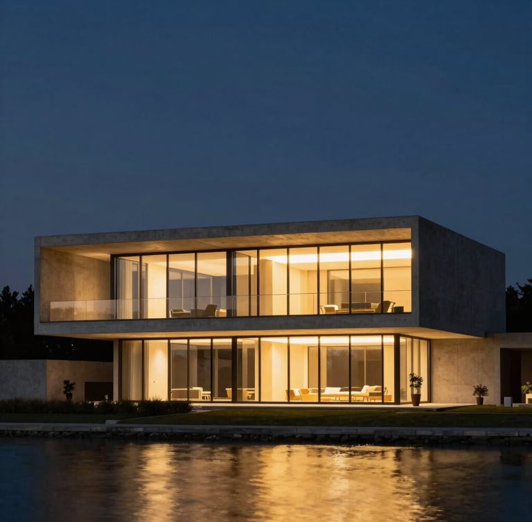 Architectural exterior of a minimalist concrete and glass villa at twilight, soft glowing interior lights, deep navy sky, golden hour reflection on water, 35mm