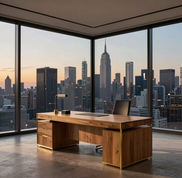 An elegant, empty minimalist office space with a large oak desk, brass details, and sweeping views of a metropolitan skyline at twilight, soft golden hour glow.