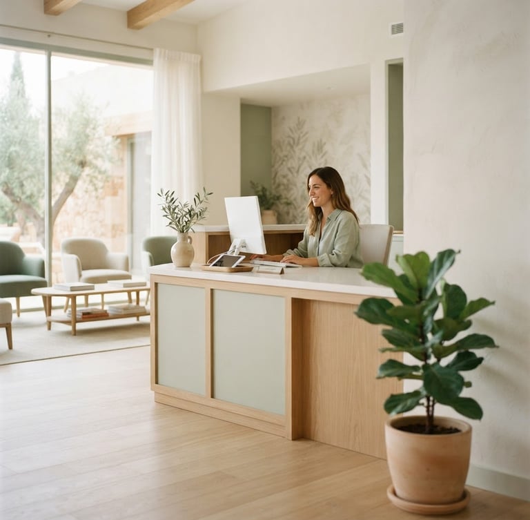 Luminous, serene interior of Clínica Clarisse reception area, featuring warm off-white walls, subtle sage accents, and soft Mediterranean daylight filtering through a large window, a discreet potted plant in the foreground, shallow depth of field, 35mm