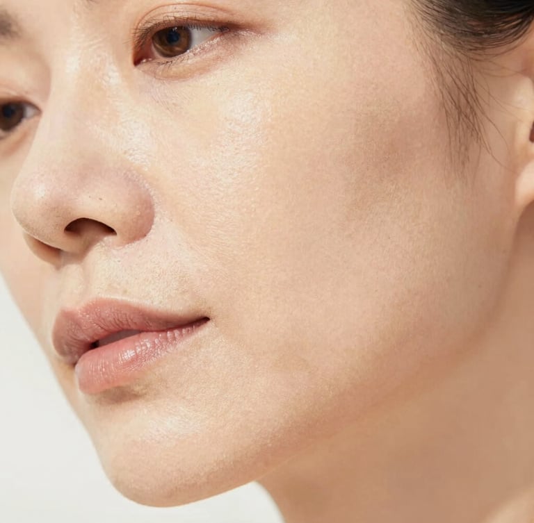 Close-up of a mature woman's cheek, soft natural daylight illuminating subtle skin texture, shallow depth of field, warm off-white tones, serene expression. No harsh lines or exaggerated features.
