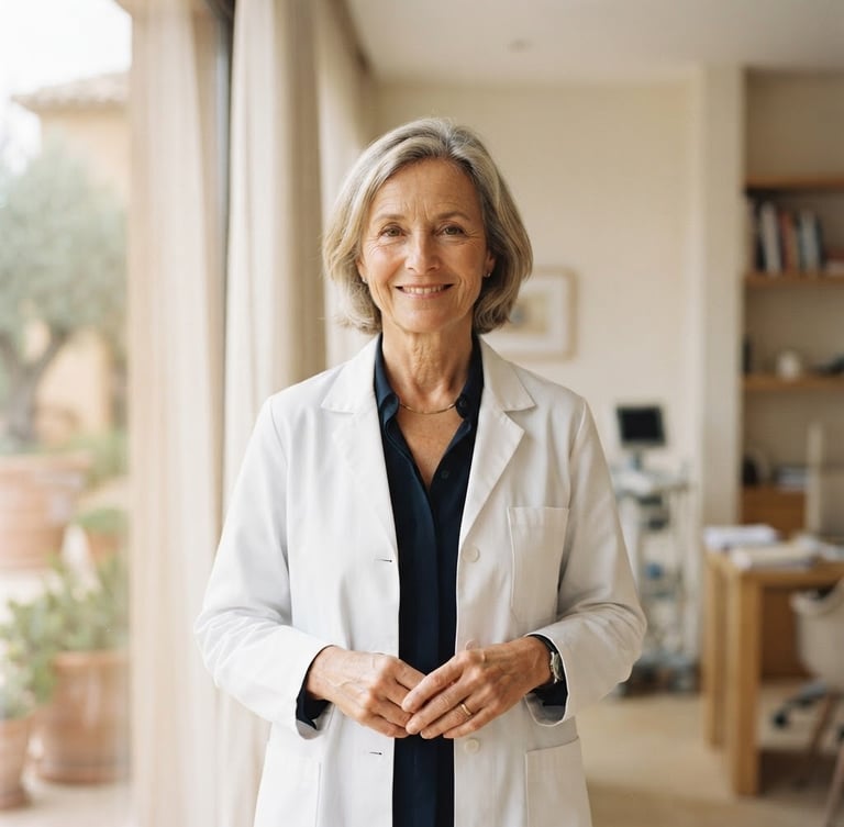 Serene portrait of a mature female doctor, Dra. Clarisse, with a warm, professional expression, wearing a lab coat, in a bright clinic setting with soft Mediterranean daylight, shallow depth of field.