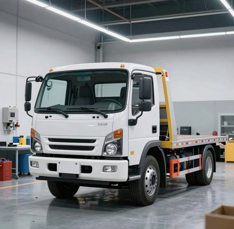 Straight-on eye-level medium shot of a clean, organized flatbed tow truck parked inside a bright, modern workshop bay under cool LED lighting.