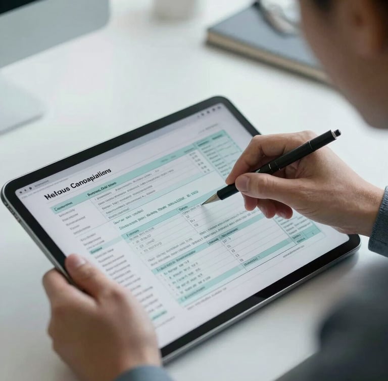 Close-up of a business professional reviewing tax compliance data on a tablet screen, cool natural daylight, clean desk setup.