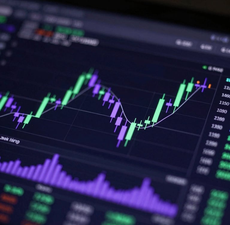 Macro shot of a high-tech trader dashboard, glowing green and purple candlestick charts on a dark screen, moody ambient backlighting, shallow depth of field