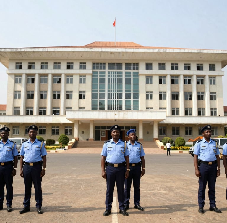 A wide-angle 35mm documentary photo of the National Assembly complex in Abuja under bright, natural daylight, unposed civic security guards in the foreground.