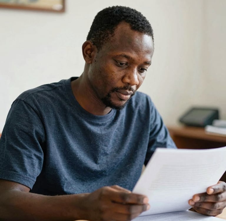 Close-up portrait of an experienced Nigerian male editor reviewing documents at a desk, natural ambient light, authentic 35mm photojournalism.