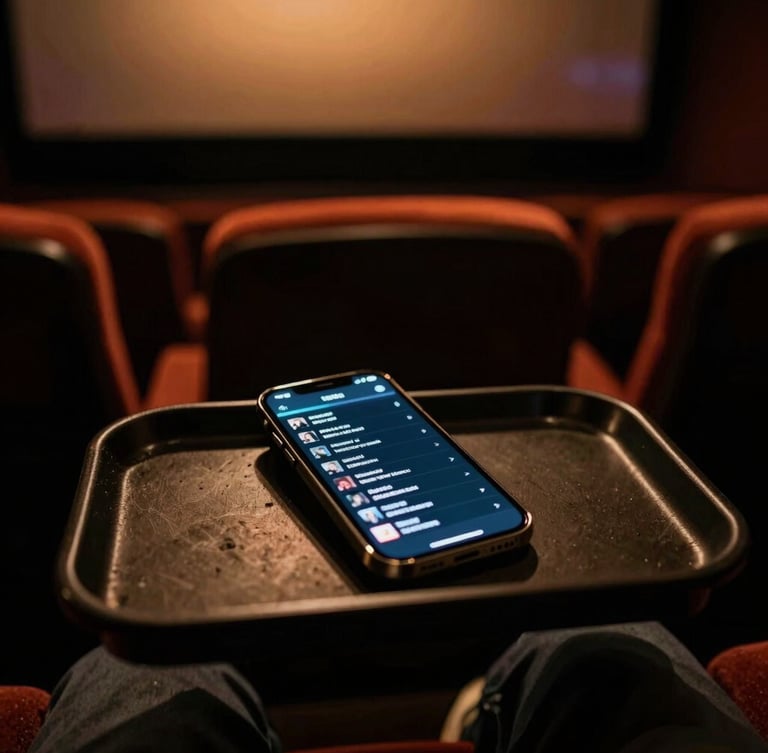 First-person perspective of a dim theater seat tray, a smartphone screen glowing with a dark menu, soft out-of-focus cinema screen in the background, dramatic amber lighting, 35mm