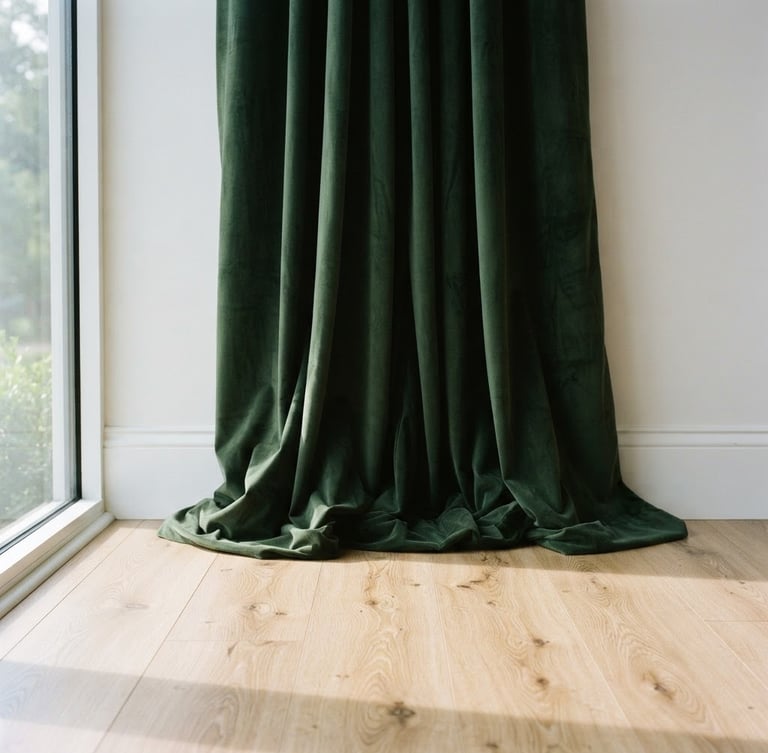 Straight-on architectural crop of weighted hunter green curtains pooling perfectly on light oak vinyl flooring, dramatic window light, sharp focus, 35mm