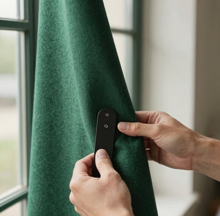 Close-up of hands holding a heavy hunter green fabric swatch next to a matte black metal tool, high-contrast natural light, sharp focus, 35mm