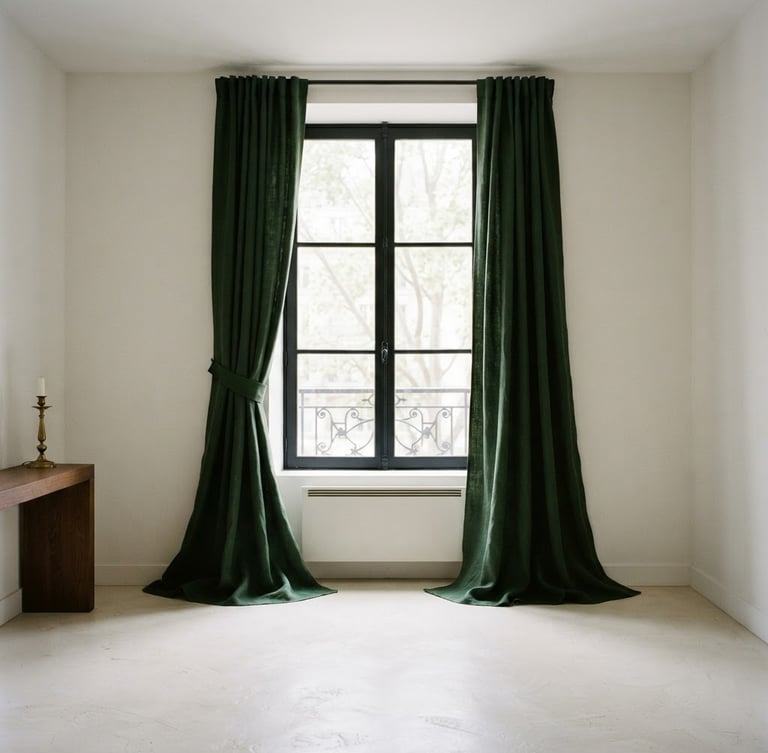 Straight-on architectural shot of a minimalist room with deep hunter green curtains pooling on an ivory floor, dramatic window light, 35mm