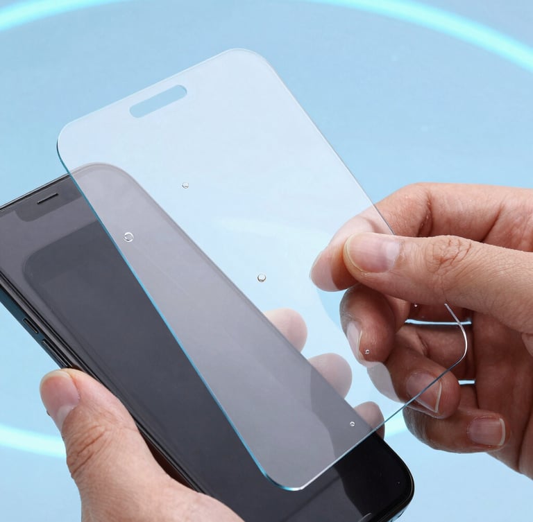Macro shot of hands applying a tempered glass screen protector to a smartphone, zero bubbles, bright studio lighting with cool blue backlighting.