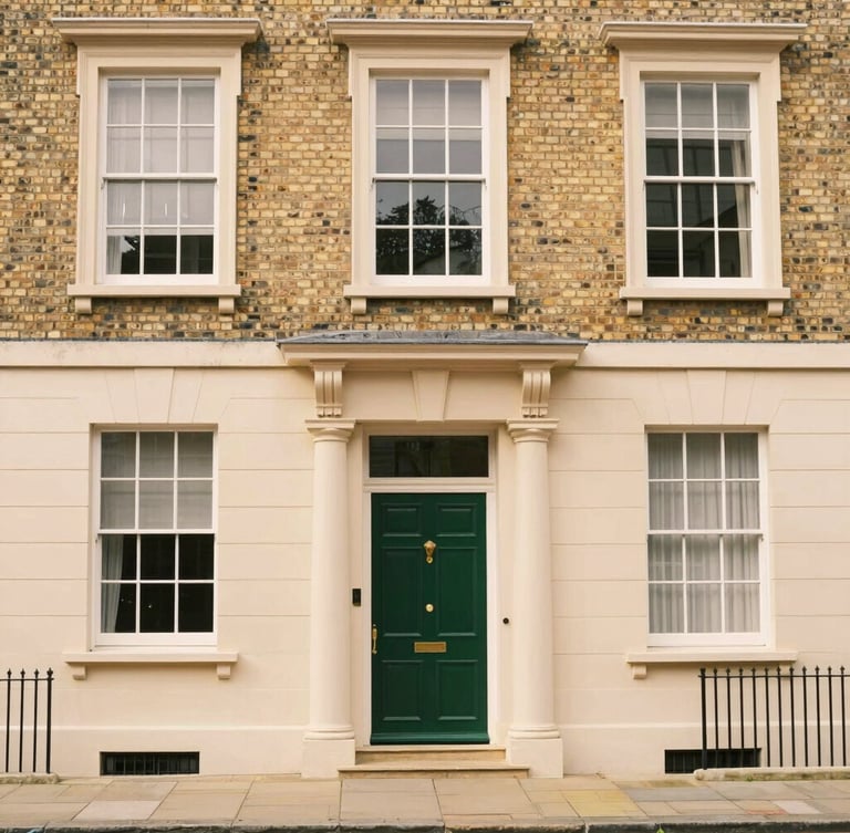 Wide shot of the historic Revinon Ltd townhouse facade in Hertford, UK, under soft overcast daylight, elegant Georgian architecture, forest green door, warm cream brick, professional and inviting, 35mm