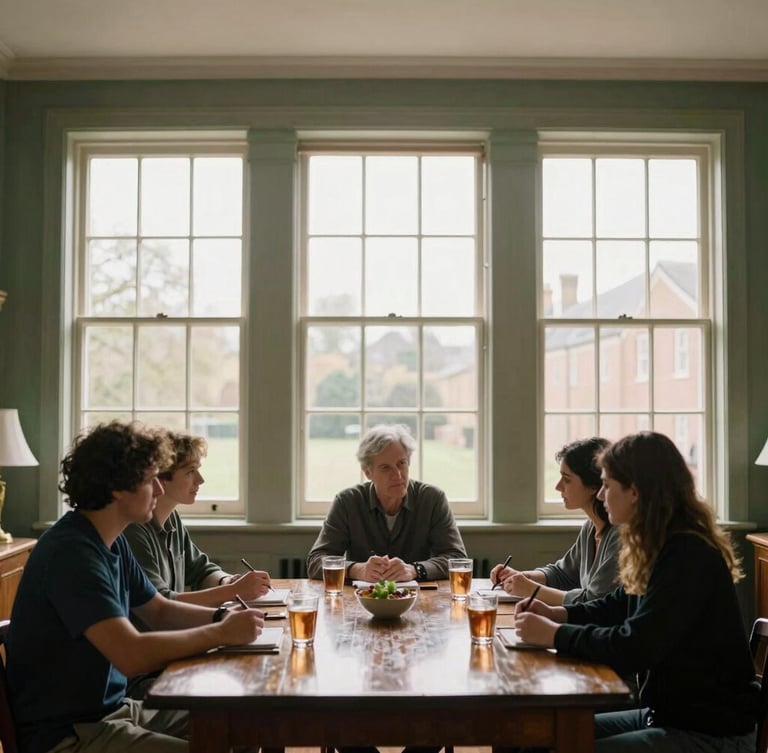 Interior of a historic Hertford townhouse, soft natural light streaming through large sash windows onto a polished mahogany table, quiet collaborative moments, muted forest green and cream tones.