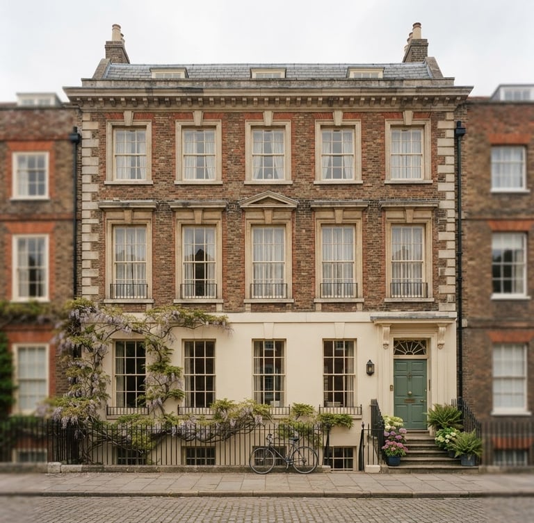 Wide shot of the historic Hertford townhouse exterior, soft natural overcast daylight, focus on architectural details and large sash windows, muted forest green and cream tones, 35mm