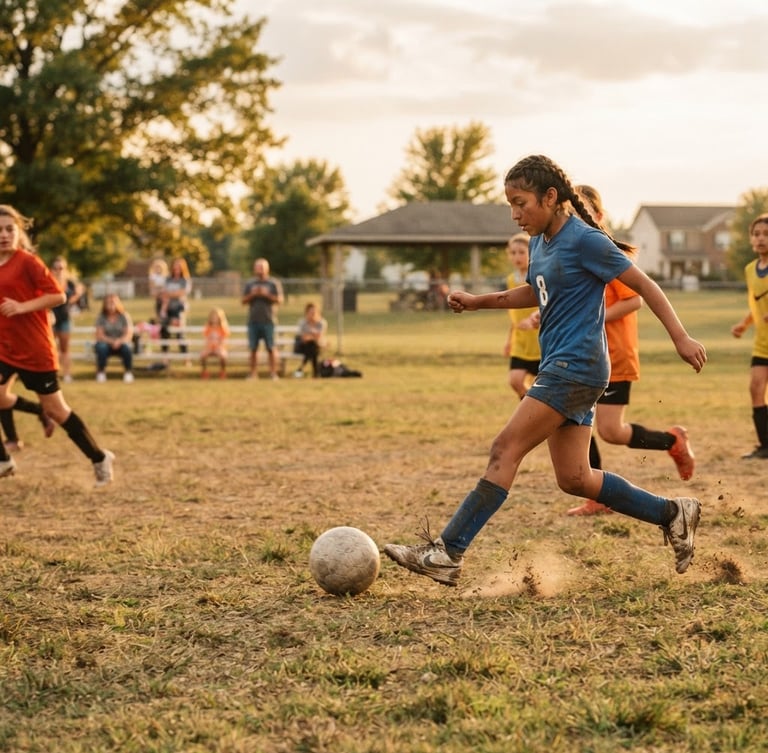 Dynamic low-angle action shot of diverse youth playing soccer on a community field at golden hour, worn sneakers kicking a ball, Noblesville, Indiana. The field is slightly worn but full of life, with a few spectators in the background. Authentic documentary style, 35mm film grain, right third composition.
