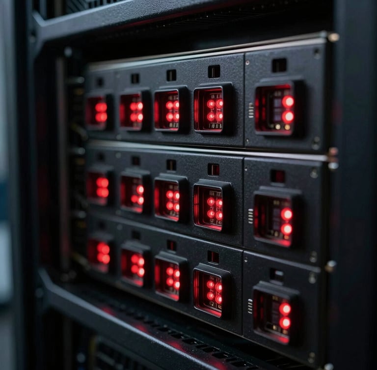 Low-key, high-contrast macro shot of a server rack interface, sharp red LED indicators reflecting off obsidian metal panels, shallow depth of field, technical command-line atmosphere.