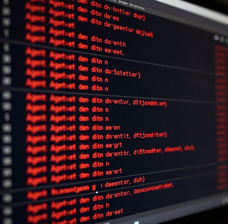 Extreme close-up of a high-performance terminal screen displaying complex agent execution logs in red mono text, low-key dramatic lighting, sharp focus