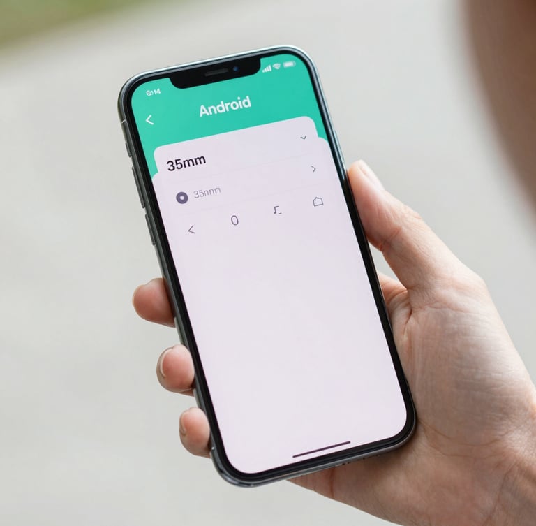 Close-up of a hand holding a modern Android smartphone displaying a clean, high-contrast user interface with teal accents, soft natural daylight, shallow depth of field, 35mm photography