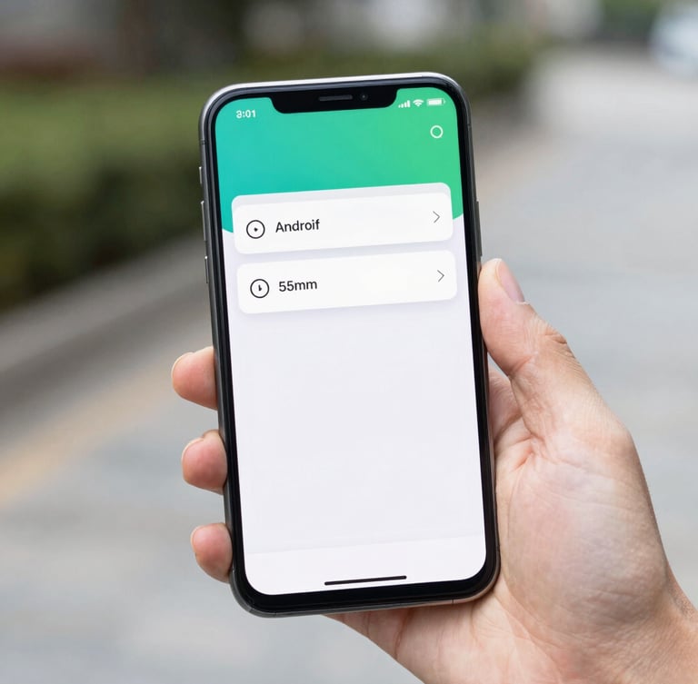A modern Android smartphone held in a hand, displaying a clean, high-contrast user interface with teal and green accents, bright natural daylight, shallow depth of field