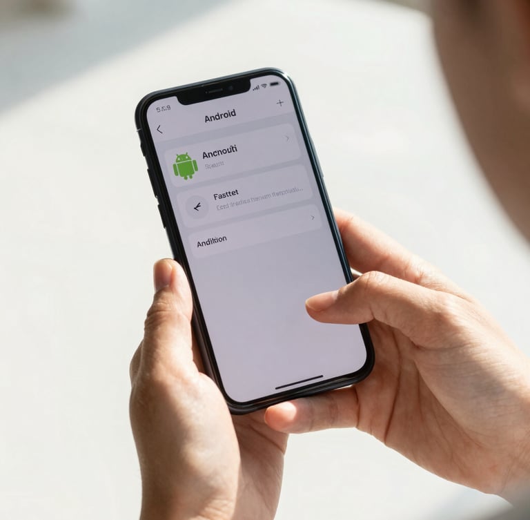 A close-up of hands holding an Android smartphone in bright natural daylight, displaying a clean and highly readable user interface with soft shadows.