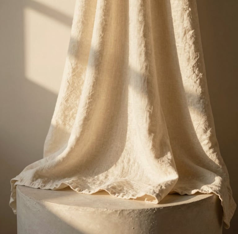 A close-up detail of premium warm cream linen fabric draped elegantly over a neutral plaster pedestal, soft golden-hour window shadows, shallow depth of field, 35mm