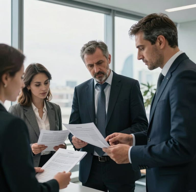 Medium-close shot of Azerbaijani corporate professionals in a modern Baku office analyzing structured tax documents under soft morning window light