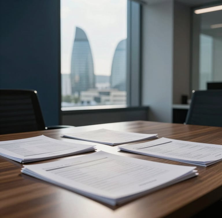Modern corporate office in Baku with cool morning window light, structured documents on a large wooden table, professional atmosphere, 35mm lens