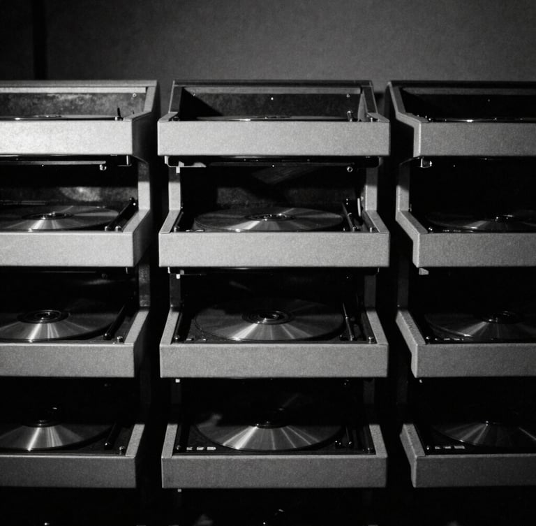 Harsh high-contrast monochrome photo of industrial CD duplicators, heavy shadows, photocopy texture, 35mm film grain, brutalist grid composition