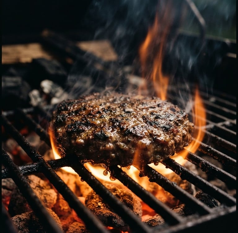 Moody close-up of a premium thick burger patty searing on a blazing open flame grill, glowing orange embers beneath, smoke rising, low-key warm lighting, 35mm film texture