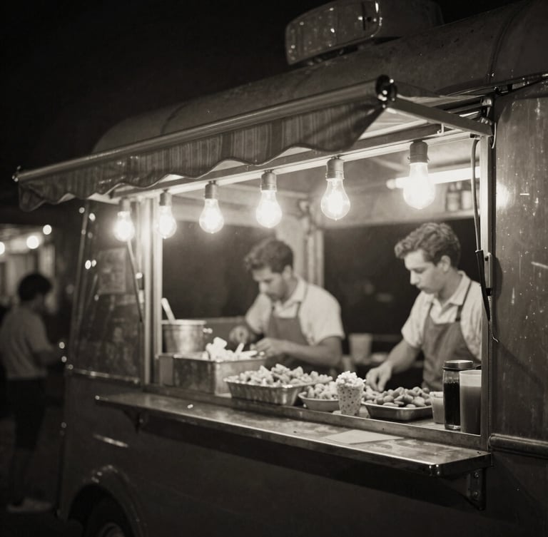 Vintage black and white photo of an authentic street food trailer at night, glowing warm light bulbs hanging from the awning, soft focus customers in the background, cinematic grain