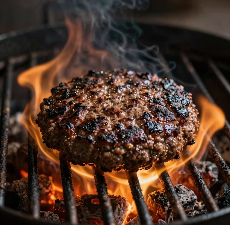 Macro portrait shot of a thick, juicy burger patty sizzling on a hot charcoal grill, flames licking the edges, warm golden embers, low-key lighting.